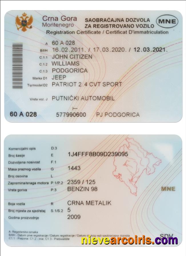 MONTENEGRO vehicle registration certificate